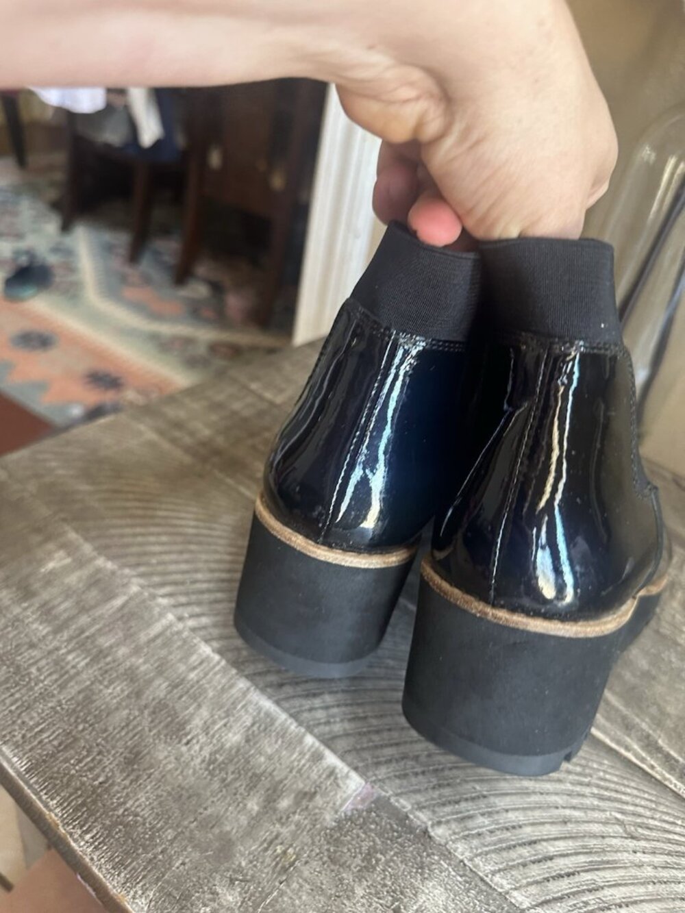 Eileen Fisher Black Patent Chelsea Platform Lug Sole Ankle Boots Women's Sz 7.5 - Picture 5 of 5